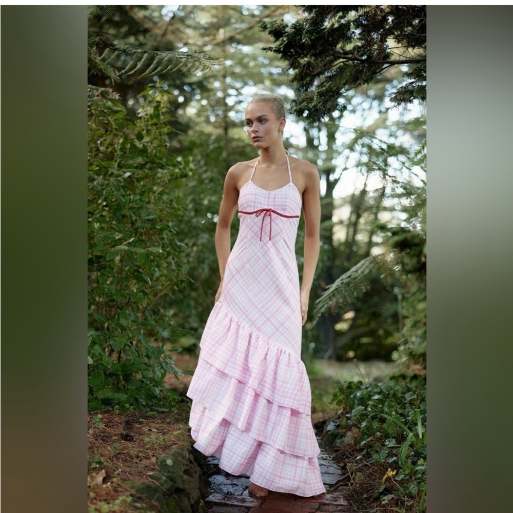 NWT Aston Studio ELOUISE DRESS IN BABY CHECK pink ruffle linen blend $615 US 8